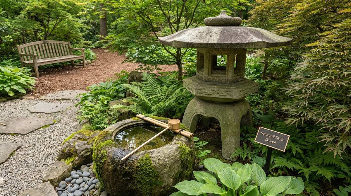 A stone garden lantern variant named after Kyoto's Sennyuji Temple, featuring a flat, wide roof with minimal upward curve for calm, stable visual energy. Ideal for installation near tsukubai water basins in meditation gardens, complementing horizontal water elements without competing for attention. Authentic versions replicate historical proportions from the temple grounds, while modern interpretations may adjust leg spacing or roof diameter to suit contemporary pond dimensions.