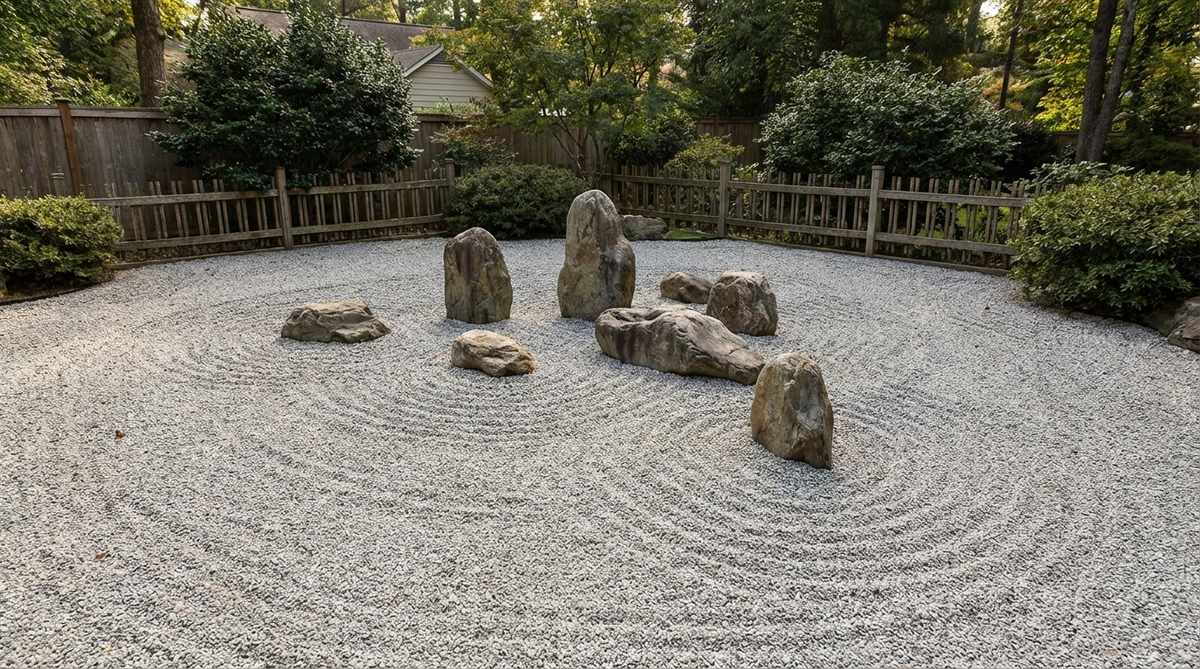 A Japanese Zen garden arrangement featuring seven stones scattered across raked gravel, representing islands emerging from an ocean. The odd number of stones creates an asymmetrical, natural-looking distribution that suggests depth perspective through varied distances between the stones. This classic arrangement emphasizes the sculptural presence of the stones against the empty gravel 'sea', particularly effective in larger flat garden areas.