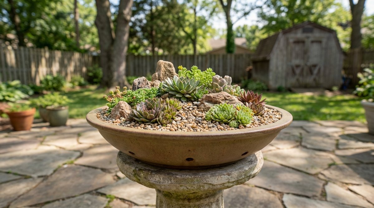 A miniature alpine garden created in a shallow ceramic bowl with drainage holes, featuring succulents like sempervivums and sedums arranged between small stones and pea gravel for optimal drainage. This portable rockery displays elevation changes and detailed planting suitable for tabletops or pedestal stands.