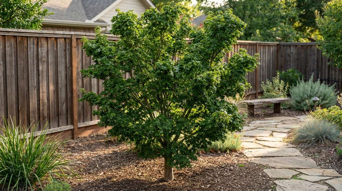 A detailed photo of a Shishigashira Maple tree, showcasing its distinctive tightly crinkled 'Lion's Head' leaves and compact, upright growth habit. The image highlights the dense branching pattern and dark green summer foliage that turns yellow-gold with red hints in autumn, perfect for constrained garden spaces.