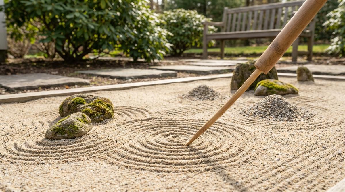 A close-up photo of a single-tine drawing tool being used to create intricate patterns in a zen garden sand. The tool features a pointed bamboo or wooden stick with one tine, demonstrating how it draws fine lines, spirals, and custom designs around miniature decorative elements.