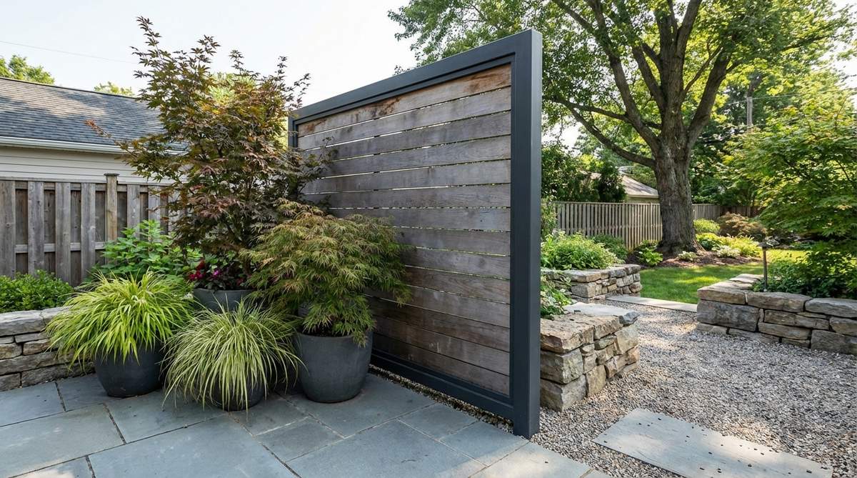 A freestanding vertical privacy panel made of wood or metal, painted in charcoal or left natural, positioned at an angle to define space and create depth in a minimalist garden, serving as a backdrop for specimen plants while blocking unwanted views.