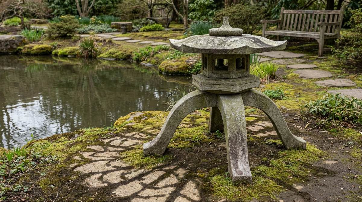 A rare six-legged yukimi lantern with curved supports that spread outward, creating intricate shadow patterns and providing maximum stability on soft ground or near water features.