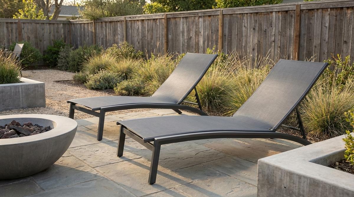 Modern sling lounge chair with ergonomic curved design featuring tensioned fabric that conforms to body contours, aluminum frame elevating seating 18 inches off ground, quick-dry water-resistant fabric, stackable for compact storage, perfect for minimalist garden settings.