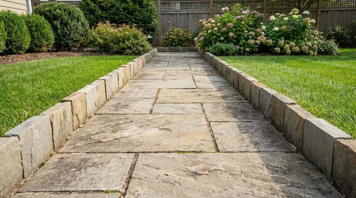 A stone garden pathway with soldier course borders, featuring pavers stood on edge perpendicular to the main surface to create a distinct frame. This traditional technique defines pathway edges with architectural detail, making pathways appear more substantial while providing a clean mowing edge where pathways meet lawn areas.