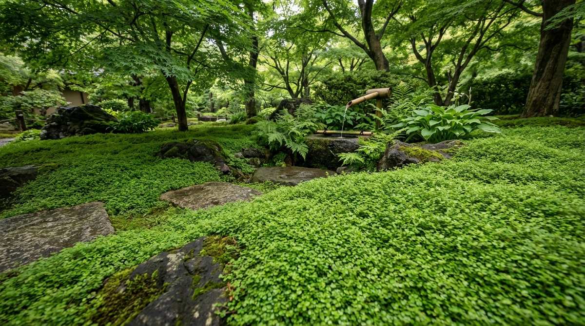 A close-up image of Soleirolia Soleirolii, commonly known as Baby's Tears, forming a lush, fine-textured green carpet in a Japanese garden setting. The tiny leaves create a soft, moss-like blanket ideal for damp, shaded areas, often used as decorative edging along pathways or near water features.