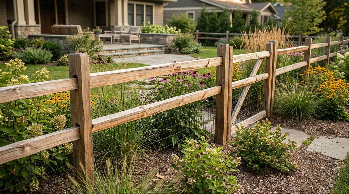 A rustic split rail fence with two or three horizontal rails mortised through vertical posts, ideal for defining boundaries in cottage gardens and rural properties with minimal visual interruption. The open design complements naturalistic planting schemes and informal layouts, and can be enhanced with wire mesh to contain pets while maintaining transparency.