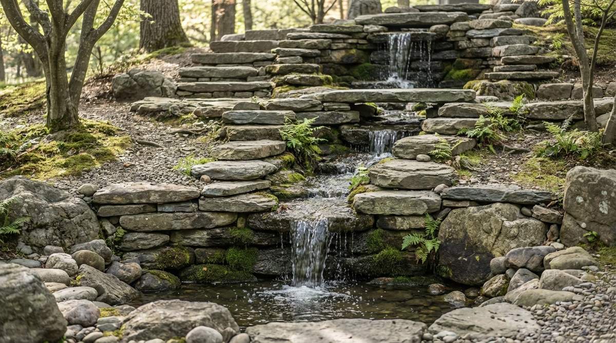 A close-up view of a stacked stone cascade waterfall in a zen garden, showing flat river stones arranged in ascending tiers with water flowing through natural channels. The irregular stones with grooves create varied flow patterns and acoustic tones, from deep resonant splashes at the base to higher-pitched trickling sounds above.