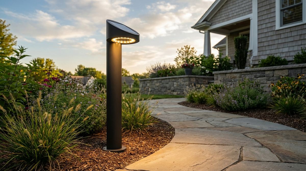 A stake-mount bollard light installed along a pathway, showcasing its 18-24 inch height for effective illumination without obstructing views. The solar-powered fixture features a modern LED array producing 50-100 lumens, with corrosion-resistant aluminum or stainless steel housing suitable for coastal environments. Ideal for creating guiding light ribbons along curved paths with easy installation.