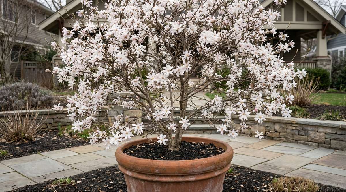 A close-up of a star magnolia tree in a large container, showcasing its white or pink star-shaped blooms covering bare branches in early spring. The rounded form is displayed in a garden setting, with mulch on the container surface to illustrate care tips for small garden trees.