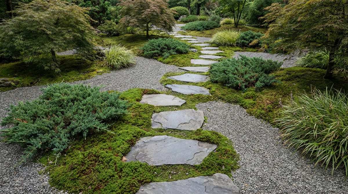 A serene Zen garden meditation path featuring irregular flat stones placed in a deliberate slow-spacing pattern, each stone set slightly below ground level and surrounded by lush moss or fine gravel to highlight their organic shapes against a neutral background, illustrating the mindful walking practice of stepping stone meditation.