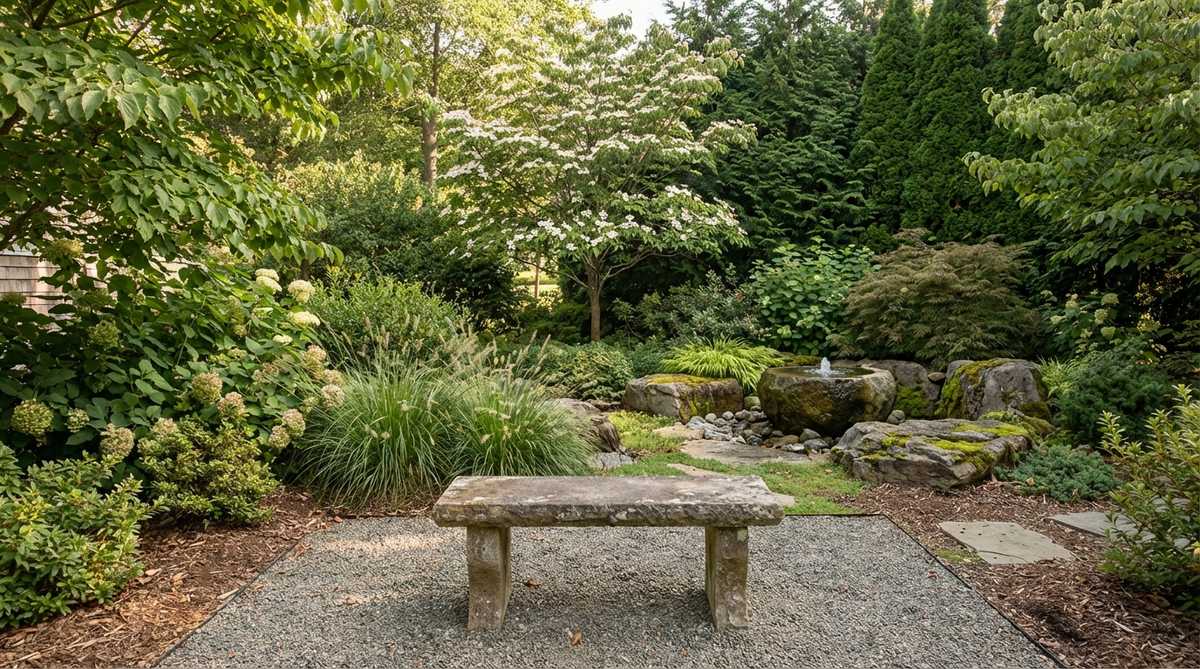 A simple stone or concrete bench placed at a key vantage point in a garden, creating a framed view of a focal tree, water feature, or stone arrangement, with taller plants behind for enclosure, on a compacted gravel pad for a clean finish, offering a quiet outdoor gallery-like space for relaxation and reflection.