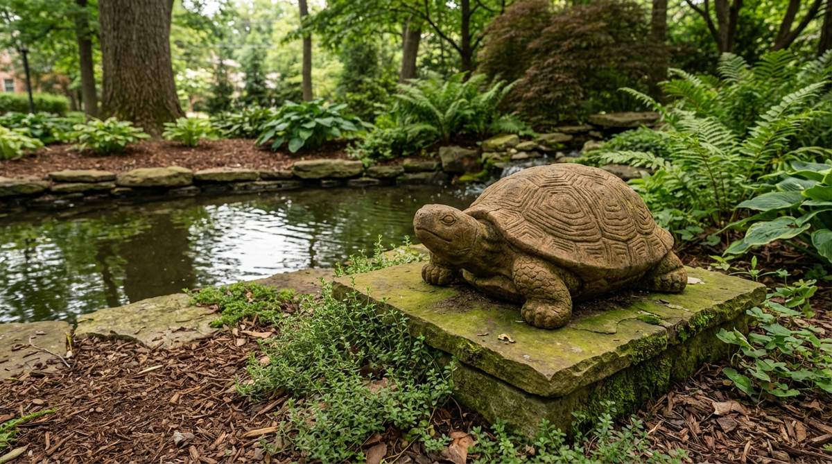 A stone turtle statue resting on a solid base, symbolizing longevity and patience in garden design. Perfect for placement near pond edges or partially obscured by groundcovers, with textured shell details that add tactile interest to garden spaces. The earthy stone tones complement both formal and cottage garden styles.