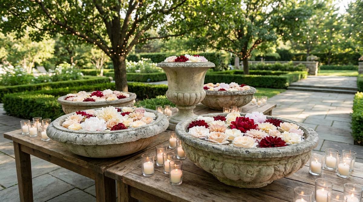 Carved stone bowls or urns filled with floating garden roses, peonies, or dahlias and surrounded by votive candles, creating elegant centerpieces for garden wedding tablescapes.