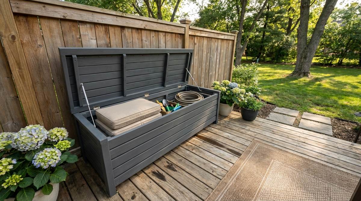 A small garden decking area featuring a stylish storage bench with a lift-up seat, showcasing weatherproof storage for cushions and garden items. The bench includes gas struts for easy access and drainage holes to prevent water accumulation, ideal for compact spaces.