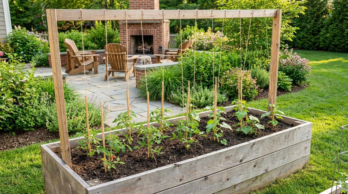 A string trellis system installed in a raised garden bed, showing biodegradable twine running vertically from a horizontal beam to support tomato or cucumber plants. This commercial greenhouse technique adapted for home gardens allows precise plant spacing and easy pruning.