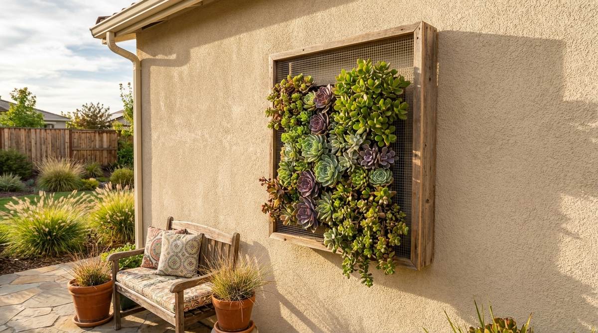A vertical succulent frame art installation mounted on an outdoor wall, featuring a shallow wooden box with mesh backing holding rooted succulent cuttings like Echeveria, sedum, and jade plants arranged in a gradient pattern. This low-maintenance decor is ideal for hot, exposed walls due to its minimal water requirements.