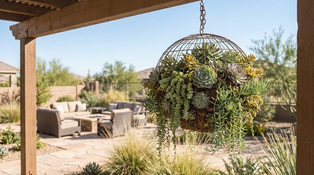 A hanging succulent sphere crafted with drought-tolerant plants in a wire frame, ideal for outdoor decor in hot locations, showing even growth and cascading foliage.