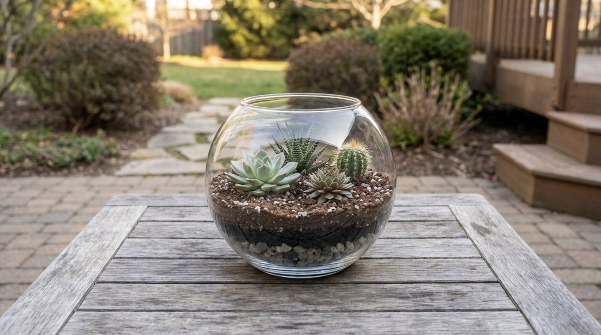 A clear glass sphere terrarium with layers of pebbles, activated charcoal, and cactus mix, featuring 3-4 small succulents. Ideal as a desk accessory or hanging display, showcasing the complete growing environment through its transparent design.