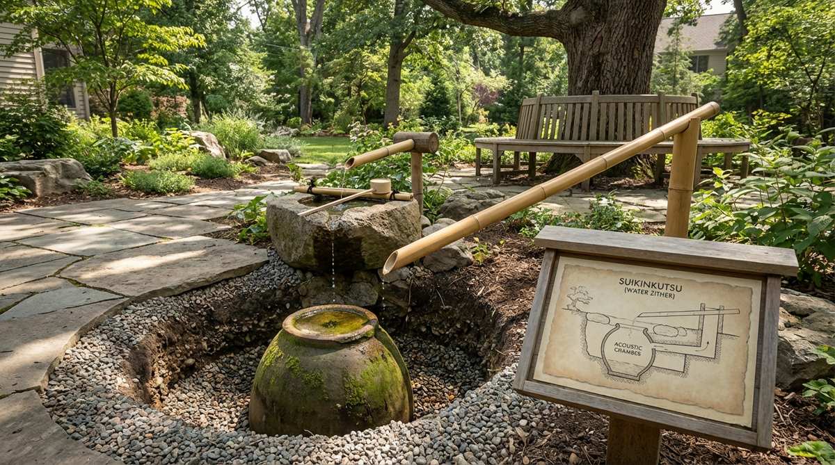 An illustration of a suikinkutsu, an inverted ceramic vessel buried underground in a Japanese garden. Water droplets from a tsukubai basin fall through a small opening into the chamber, creating bell-like resonant tones that can be heard through bamboo listening tubes. The diagram shows the gravel-lined excavation, the pot's positioning, and how the acoustic enhancement creates ethereal musical notes for attentive visitors.