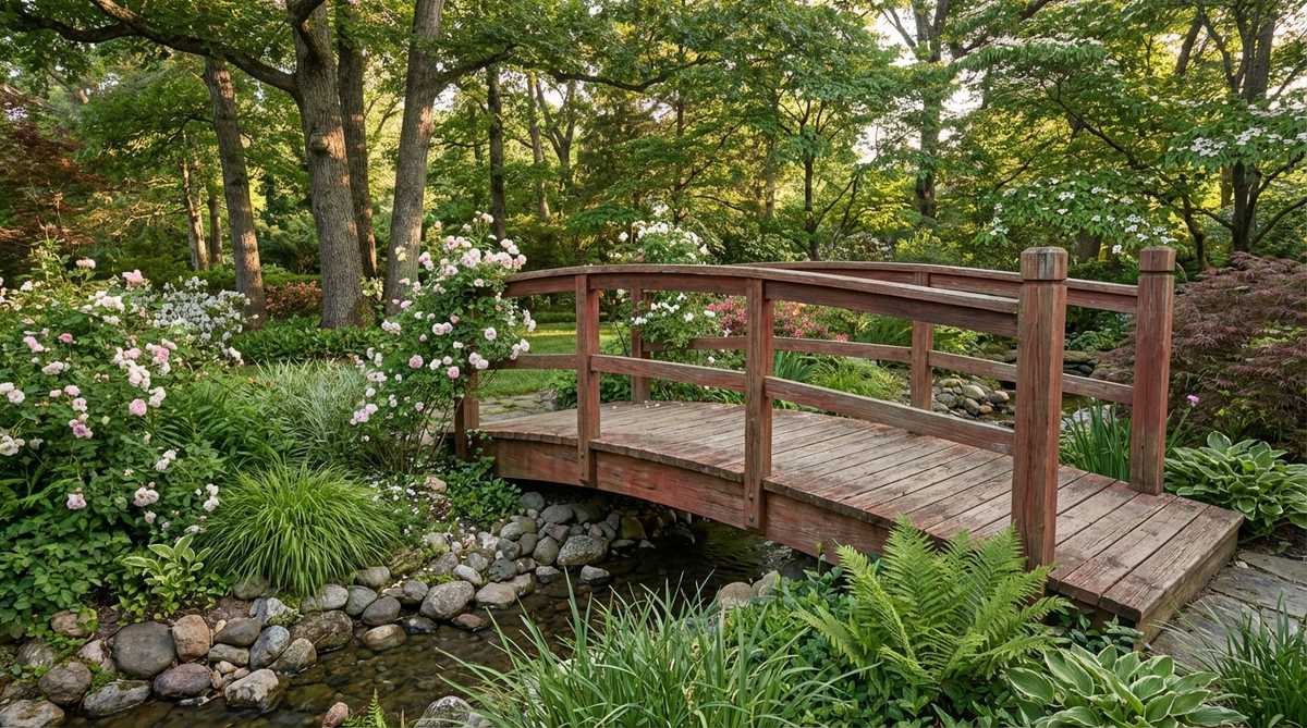 A rustic Japanese garden bridge with weathered timber stained in muted sunset red tones, featuring visible wood grain and iron oxide pigments that create natural-looking rust-red coloration, blending subtly into informal cottage garden landscapes with cultural references to traditional designs.