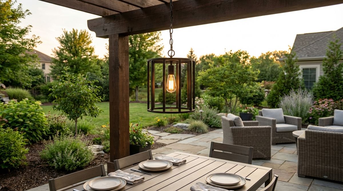 A contemporary outdoor pendant light fixture, such as a globe, cone, or cage design, suspended from a pergola beam or patio ceiling, providing focused task lighting for modern outdoor spaces like dining areas, with weatherproof durability for seasonal exposure.