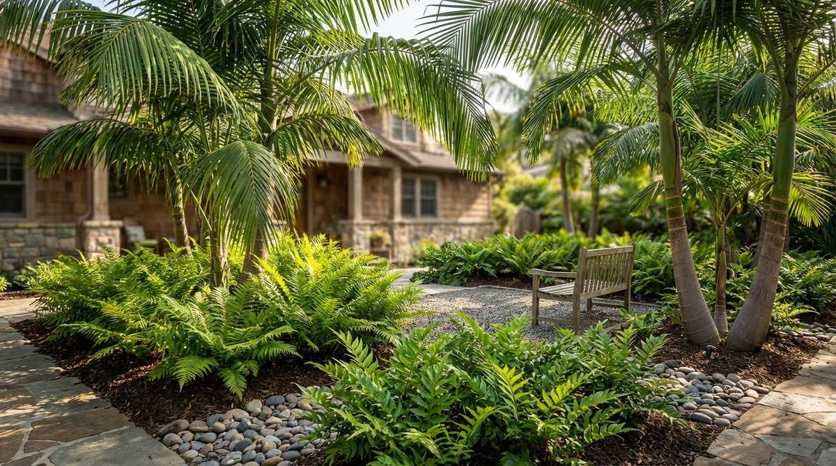 A lush tropical garden scene featuring tall queen or king palms towering over waist-high ferns, creating a classic two-tier structure. The palm canopy provides dappled shade, ideal for the fine-textured, emerald-green fern fronds planted in sweeping drifts. This low-maintenance combination, including varieties like autumn and holly ferns, showcases a natural and vibrant garden design element.