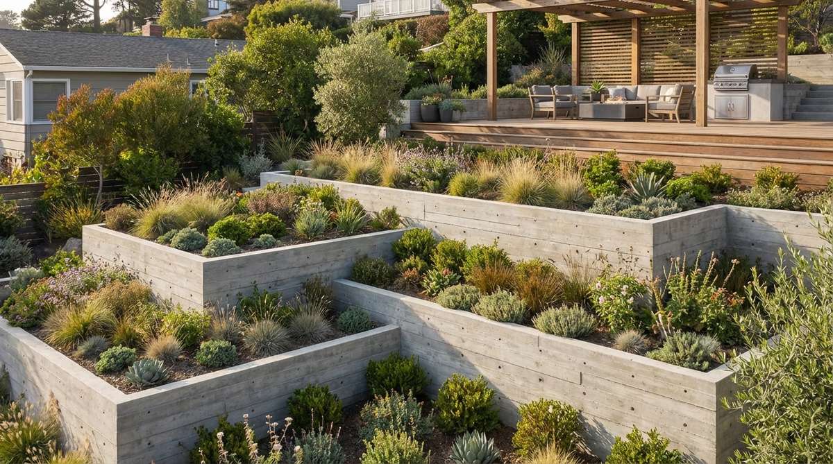 Modern terraced garden design featuring geometric concrete retaining walls creating level planting platforms on sloped terrain. The design shows structural stability with 18-36 inch wall heights and proper drainage weep holes, with different plant heights and textures on each terrace.