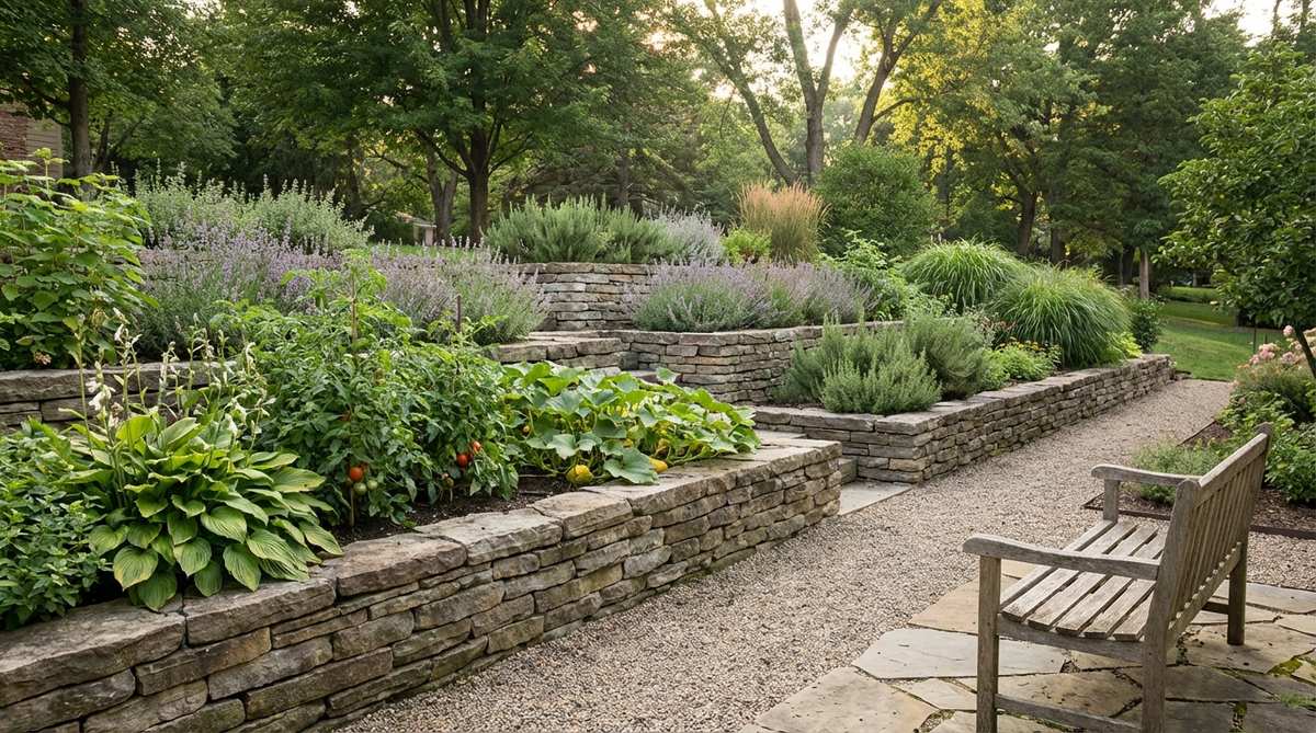 Illustration showing a terraced garden bed built on a slope with 3-4 levels secured by timber or stone retaining walls. Each terrace is 2-3 feet deep with 18-24 inch vertical rises, following natural contours to minimize earthwork. The design captures rainfall runoff at each level, with water-loving crops planted at lower elevations and drought-tolerant herbs at higher tiers.