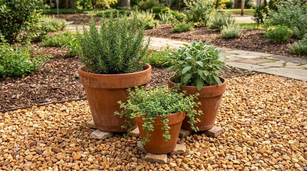 Three aged terracotta pots in graduated sizes (24, 18, and 12 inches) arranged in a triangular formation, planted with rosemary, sage, and trailing oregano, set on a gravel bed with warm-toned stones like buff, honey, or rust shades, raised on small stones for drainage.
