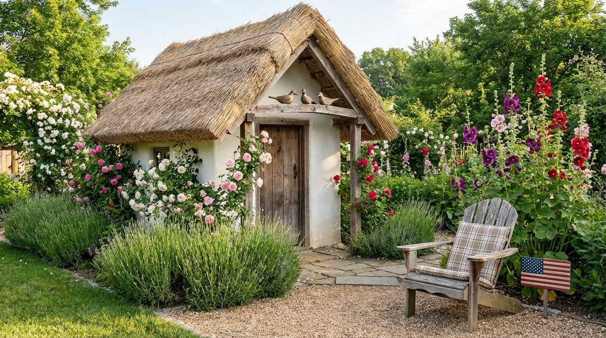 A miniature thatched roof gardener's hut with whitewashed walls, showcasing woven natural fiber roofing and an overhang that shelters a tiny doorway and sculpted birds. Ideal for cottage gardens with climbing roses and hollyhocks, this design adds texture and an English countryside aesthetic to mini garden shed displays.