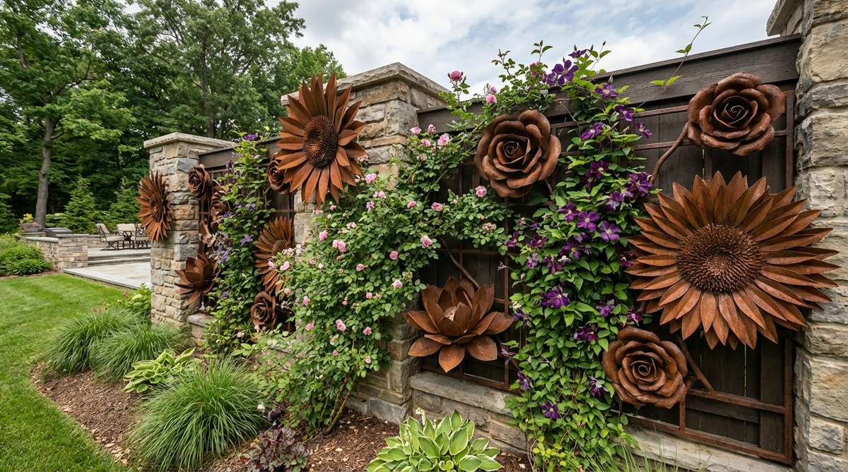 Sculptural metal flowers with layered petals, such as sunflowers, lotuses, and roses, designed to add dimensionality to garden walls. These durable sculptures intermingle with living plants like climbing roses or clematis, providing year-round visual interest even during dormant seasons.
