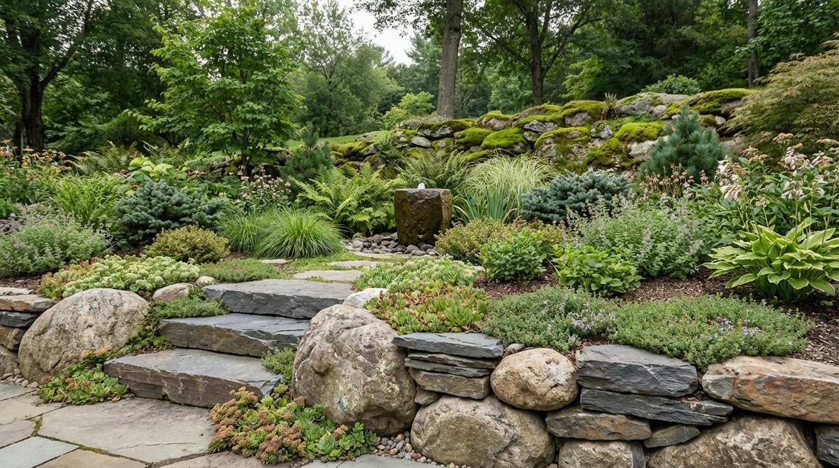 A detailed illustration showing a terrarium divided into foreground, middle ground, and background zones with large stones in front, medium plants in the middle, and fine moss creating depth. The composition demonstrates spatial hierarchy with a focal point at the intersection of foreground and middle ground.