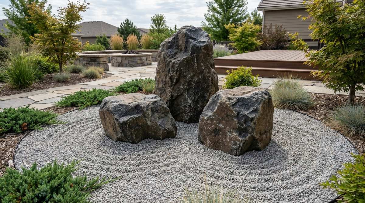 A compact grouping of three upright boulders representing Mount Horai, with the tallest stone at the rear and two shorter stones flanking forward, surrounded by raked circular patterns to symbolize clouds or mist in a Zen garden.