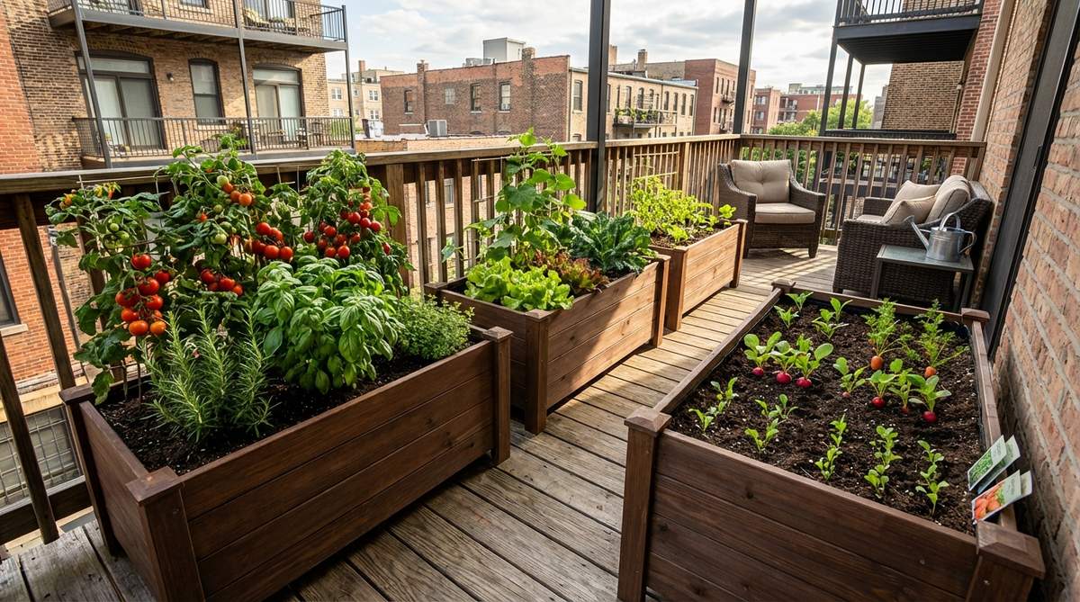 A visual guide showing three identical planting boxes on an urban balcony, each representing a different growth stage for continuous harvest through succession planting. One box contains mature plants ready for harvest, another shows mid-growth crops, and the third displays recent transplants or germinating seeds, illustrating the rotation system that maximizes productivity in limited space.