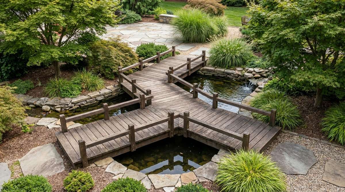 A compact zen garden bridge with three segments angled at 120 degrees, designed for small ponds to provide gentle turns for wheelbarrow access and meditative aesthetics.