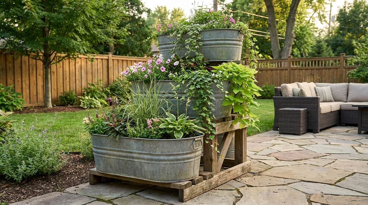 A vertical garden design featuring stacked galvanized wash tubs in large, medium, and small sizes, forming a stable planting tower. The arrangement includes trailing plants cascading from upper tiers and upright plants at the base, maximizing planting capacity in a compact footprint for garden decor.