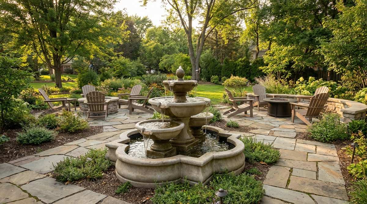 A multi-level fountain with cascading basins made of cast stone, concrete, or glazed ceramic, designed to mask urban noise and withstand freeze-thaw cycles. Positioned to reach seating areas, it features a recirculating pump for efficient water flow, with options for solar power or winter drainage in frost-prone climates.