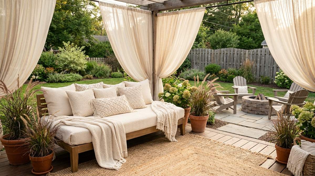 A boho decor style example showcasing tone-on-tone pattern layering with cushions, curtains, and throws in varying shades of the same hue, such as cream on ivory or indigo on navy, creating subtle sophistication through different textures and patterns.