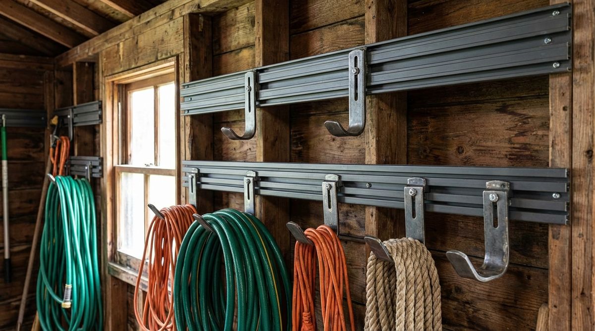 A close-up view of horizontal metal track systems with sliding hooks installed in a small garden shed, showcasing flexible storage for tools like garden hoses, extension cords, and rope, with adjustable spacing for varying tool widths.