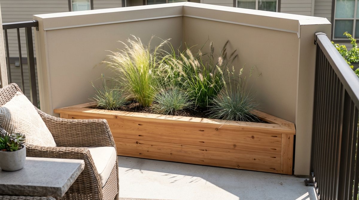 A triangular corner planter box nestled into a right angle formed by balcony walls and railings, showcasing cedar construction with pocket hole joinery and featuring ornamental grasses for display. The wedge shape provides deep root space while saving central area for seating.