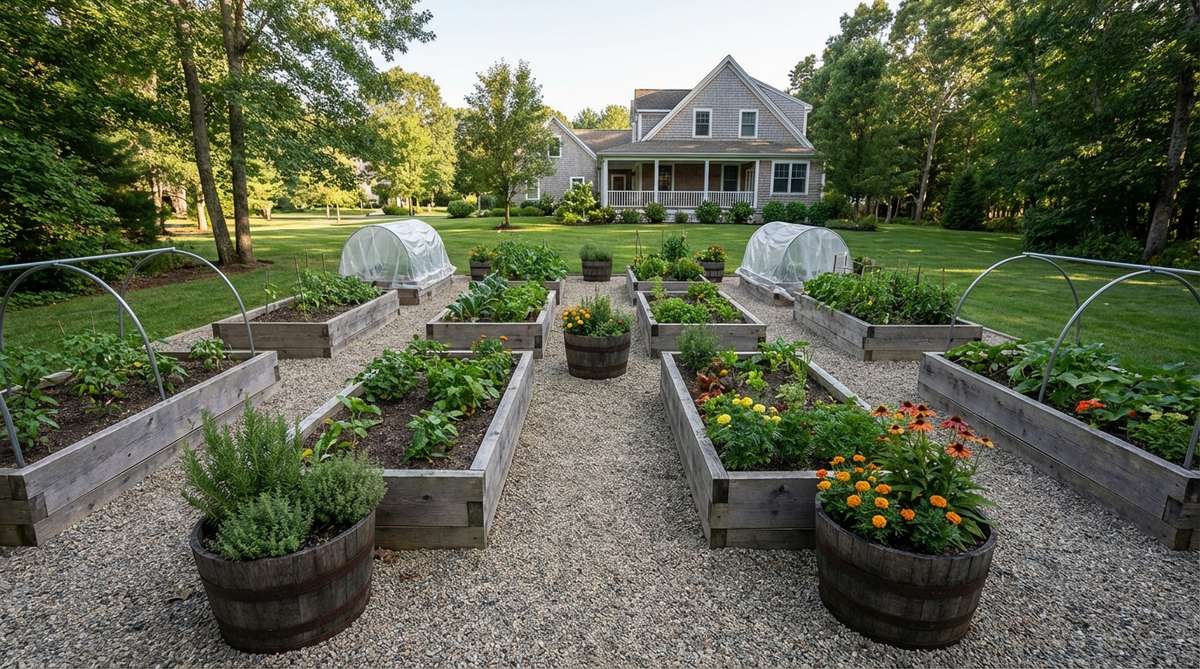 A modern garden layout showing twelve 4x8-foot raised beds arranged in a rectangular grid with 3-foot pathways, oriented north-south for optimal sunlight. Includes whiskey barrel planters at intersections for herbs and pollinator-attracting flowers, with space for season extension structures like hoop tunnels.