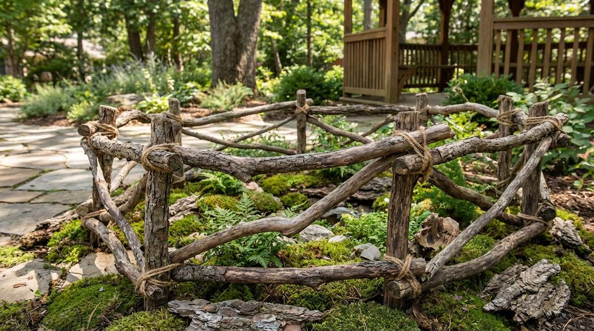 A rustic mini garden fence made from small branches bound together with natural fiber cord, showcasing unique bark textures and natural curves. This handcrafted fencing is ideal for terrarium environments, pairing with moss and woodland themes for an authentic, weathered look.