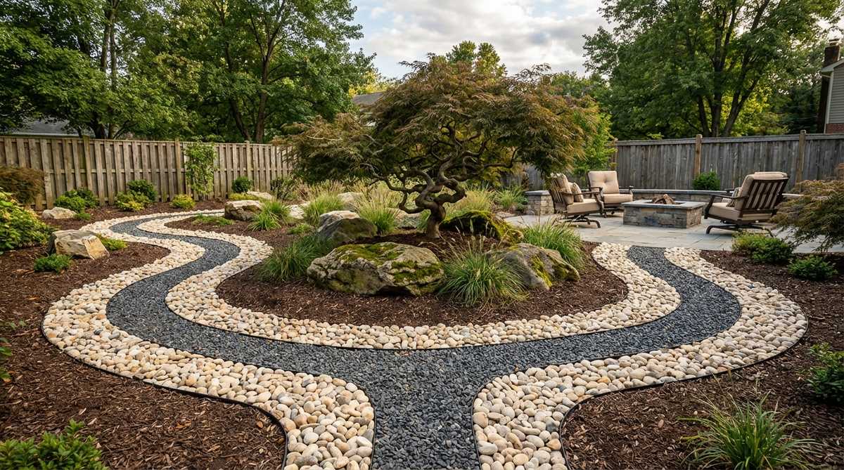 A garden design rock image showing a variegated gravel stream pattern with alternating bands of light and dark gravel colors arranged in sinuous curves to simulate flowing water. The pattern directs attention toward a focal point, such as a sculpture or specimen tree, with distinct color transitions for visual impact.