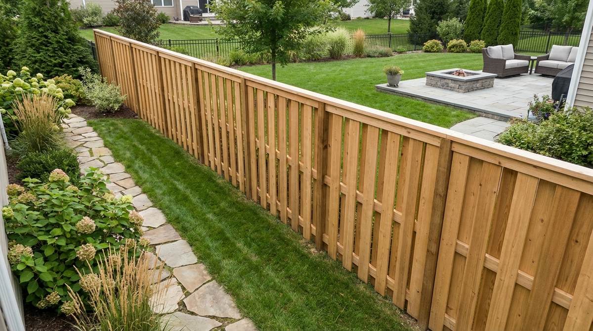 A modern garden fence featuring vertical boards mounted on alternating sides of horizontal rails, creating a double-sided privacy screen that blocks direct views while allowing air circulation. The boards are positioned with one to two-inch overlap when viewed head-on, preventing wind from channeling through. This board-on-board construction is ideal for shared property lines where both neighbors value aesthetics, offering reduced wind load compared to solid panels.