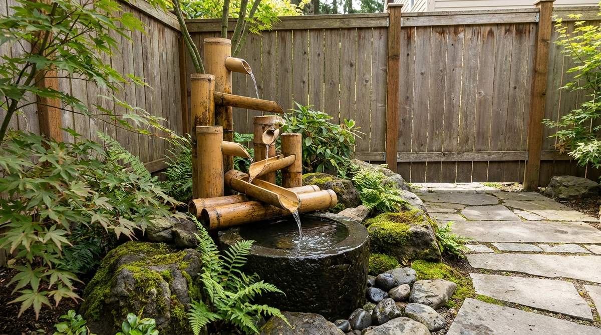 A vertical cascade bamboo stack water feature in a Japanese garden, with multiple bamboo sections stacked vertically, water flowing from top to bottom through carved overflow channels, creating tiered splashing sounds in a compact design suitable for corner spaces or against walls.