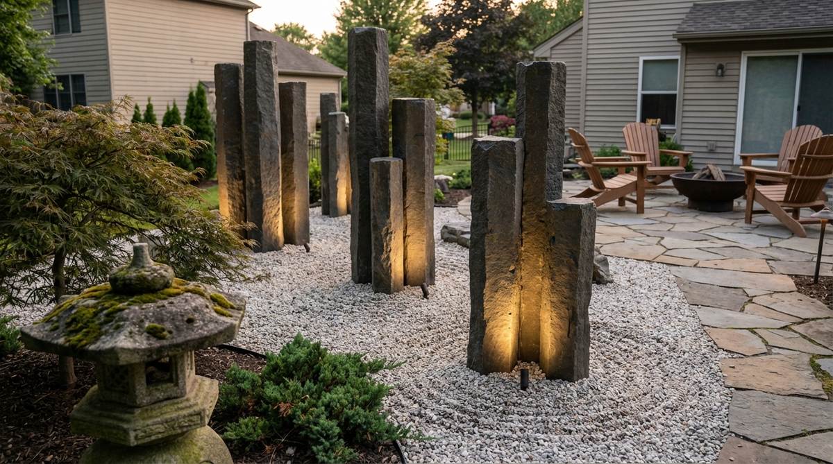 Tall columnar basalt or granite pillars standing upright in a modern Japanese rock garden, contrasting with horizontal gravel plains and emphasizing spiritual aspiration. The pillars are arranged in asymmetric clusters of three or five, buried 18-24 inches deep for stability, and lit from the base at night for dramatic uplighting effects, referencing traditional stone lanterns and contemporary abstract sculpture.
