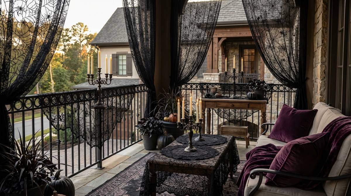An elegant Halloween balcony decor setup featuring a Victorian mourning parlor theme, with black lace fabrics draped over railings, antique-style candelabras, deep plum velvet cushions, and layered lace patterns including spider webs and floral motifs. Includes battery-operated taper candles for safe flickering light, creating a sophisticated and somber aesthetic suitable for adult seasonal decor.