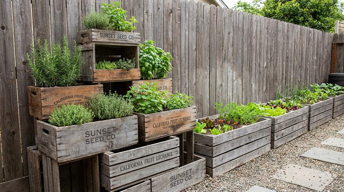 A rustic garden scene featuring weathered vintage wooden crates and boxes, such as fruit crates and seed company boxes, used as containers for casual plantings. The slatted construction provides natural drainage, while faded lettering and stamps add graphic interest. Stacked vertically to create tiered herb gardens or lined along fence bases for vegetable succession plantings, with wood naturally graying over time to deepen the vintage aesthetic.