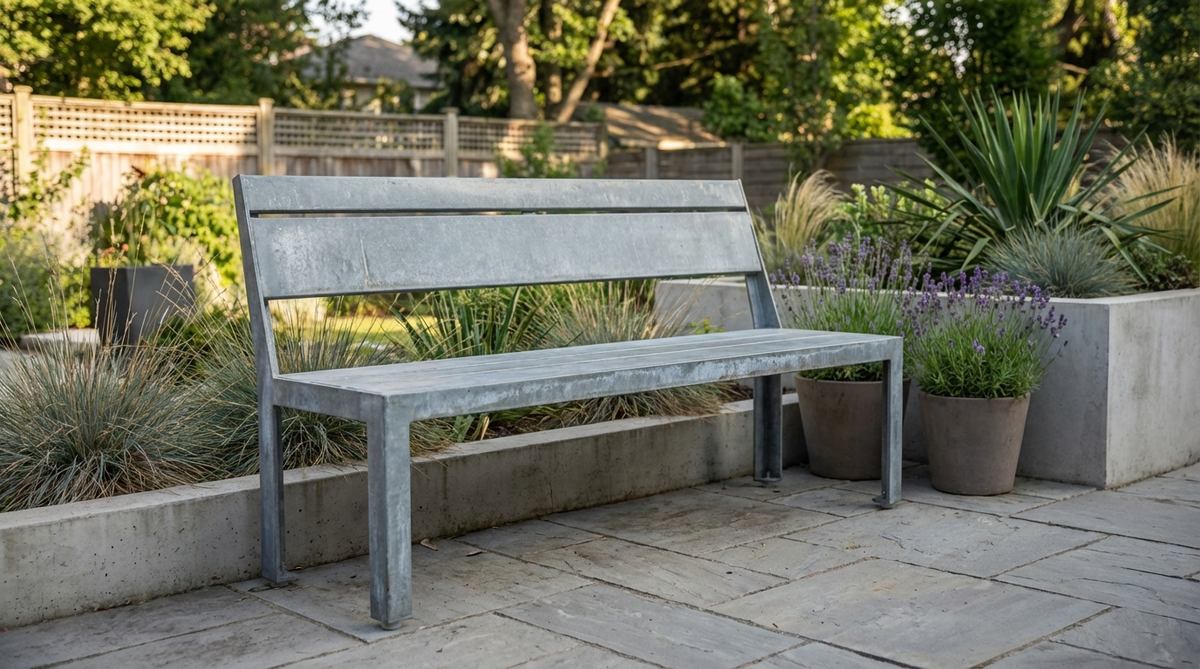 A contemporary garden bench made of warm galvanized steel, showcasing its weathered matte gray finish with natural texture from zinc oxidation. This industrial-style bench is ideal for urban gardens, rooftop terraces, or modern landscapes, featuring subtle surface variations and plastic glides to protect deck surfaces.